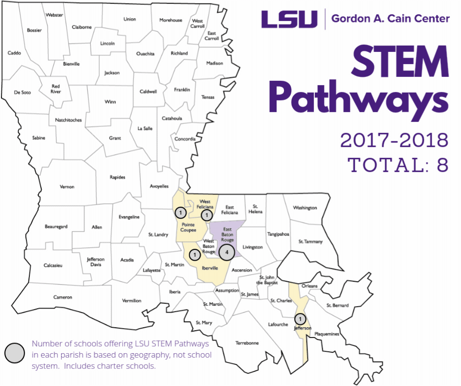 This is a gif that has 9 slides each displayed for 2 seconds.  Each slide shows a map of Louisiana and the parishes that are offering STEM pathway courses in each year from  2016-17 to 2024-25 are varying shades of yellow. 17/18: 8, 18/19: 26, 19/20: 39, 20/21: 54 21/22: 71, 22/23: 121, 23/24: 101, 24/25: 100, 25/26: 116 anticipated. 